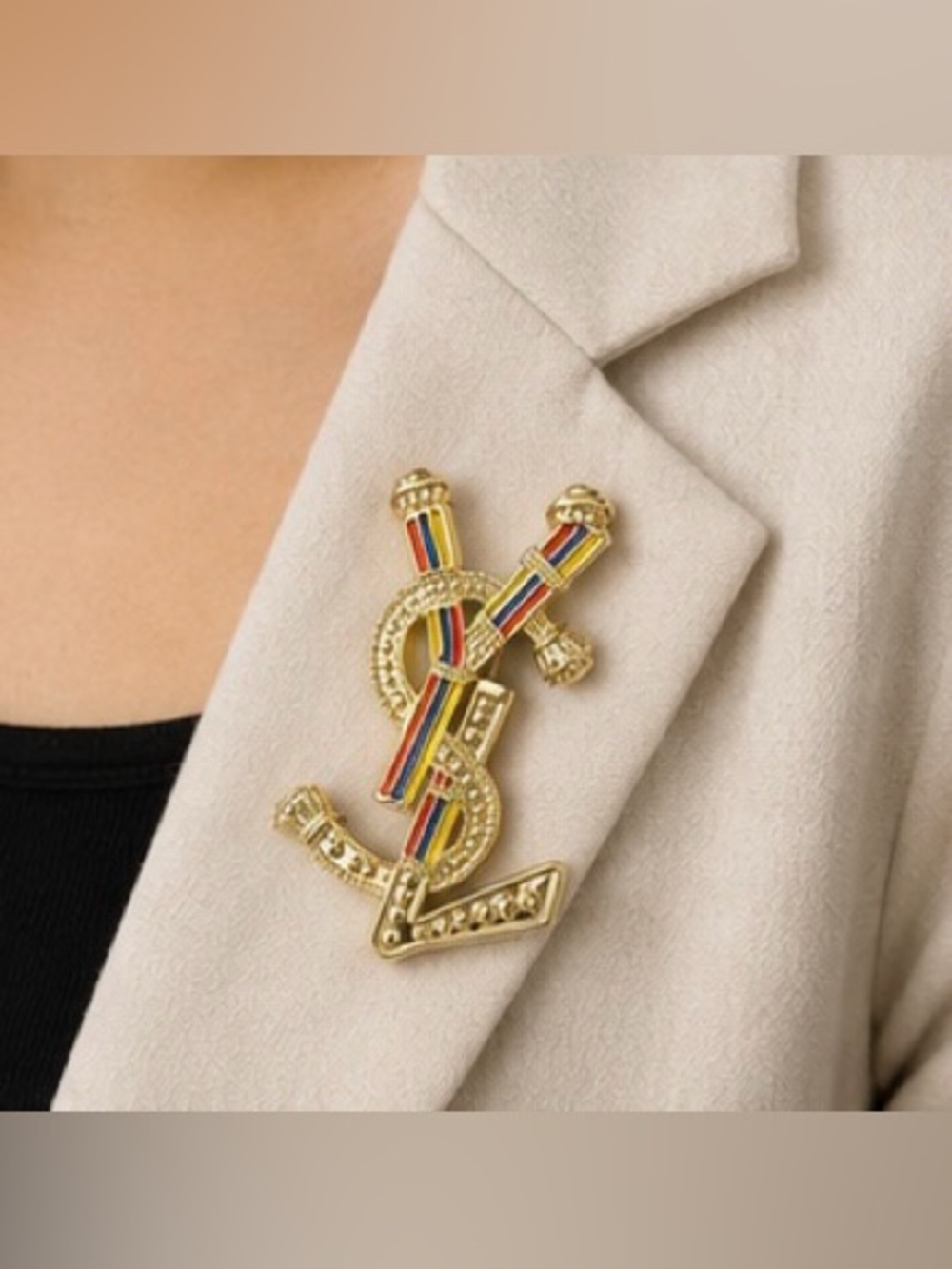 Gold Tone Multicolor Enamel Statement Brooch Luxury Inspired Lapel Pin - Picture 2 of 8